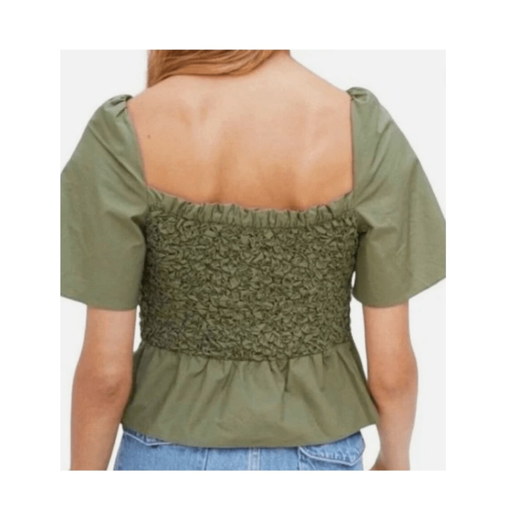 Anthropologie Mare Mare Smocked Bow Tie Top S Olive‎ Green Square Neck Boho - Picture 2 of 10